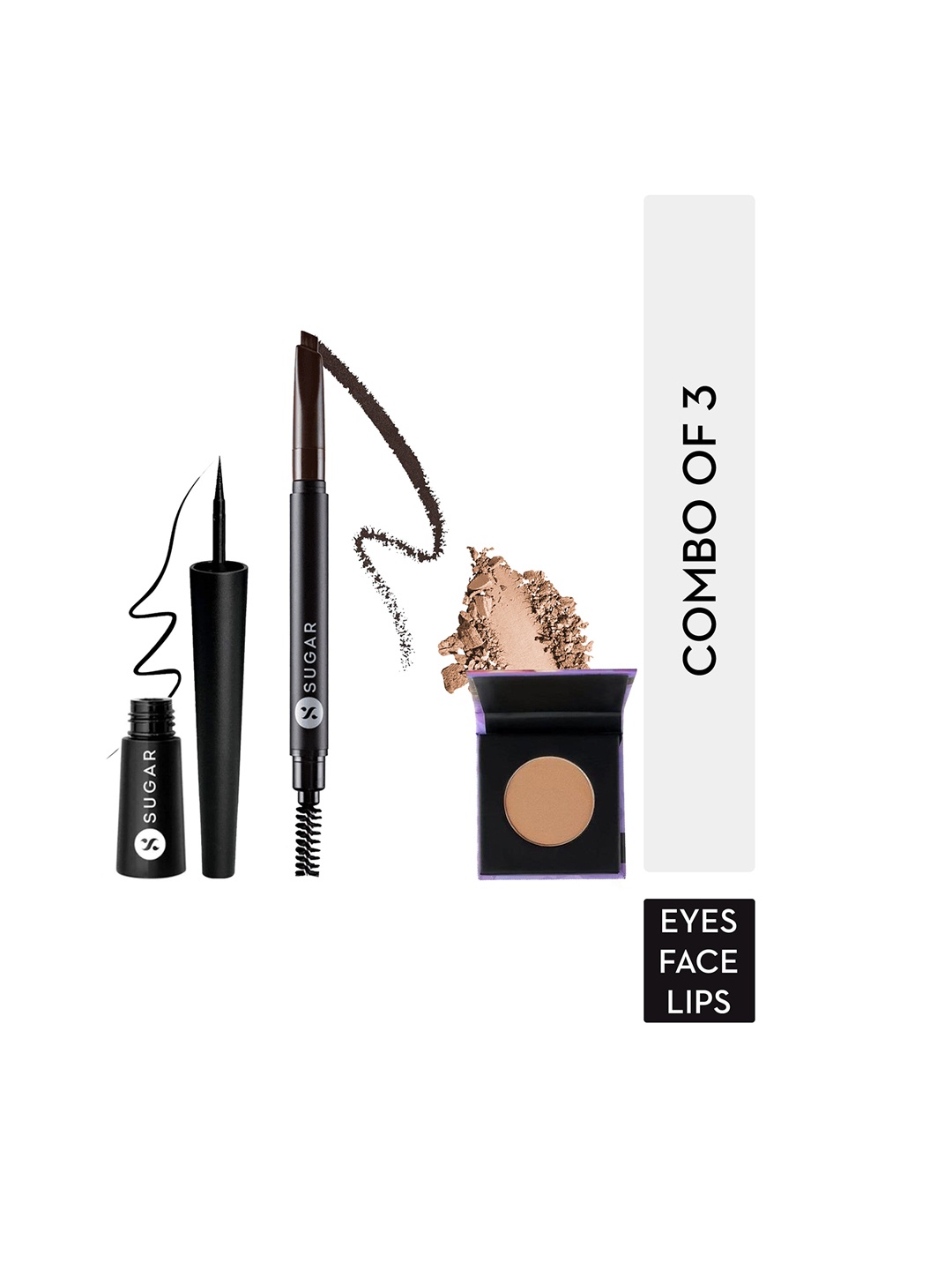 

SUGAR Set Of Arch Arrival Brow Definer- Gloss Boss 24HR Eyeliner- Mini Bronzer, Black