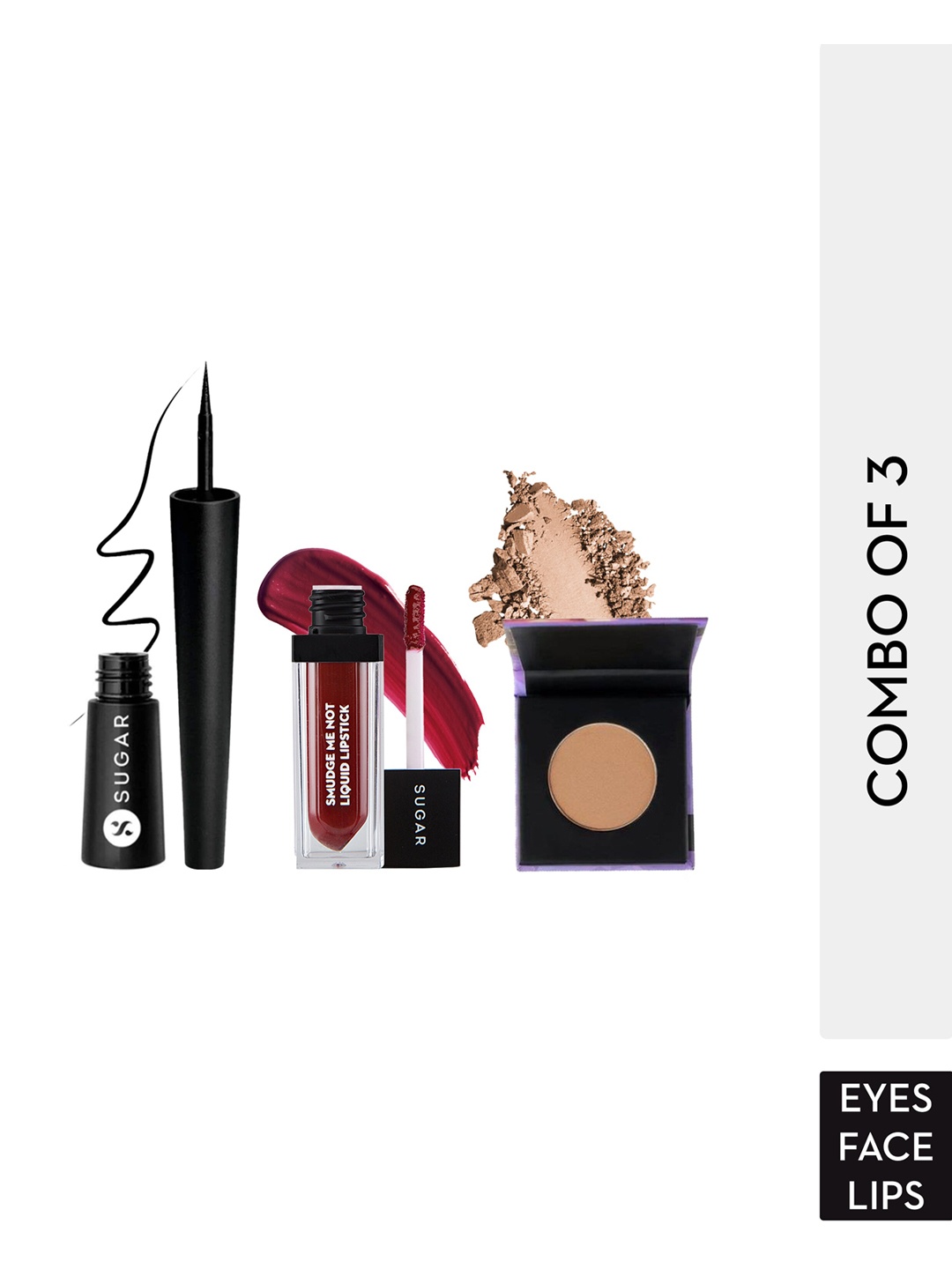 

SUGAR Set Of Gloss Boss 24HR Eyeliner- 01 & Mini Bronzer- Smudge Me Not Liquid Lipstick, Bronze
