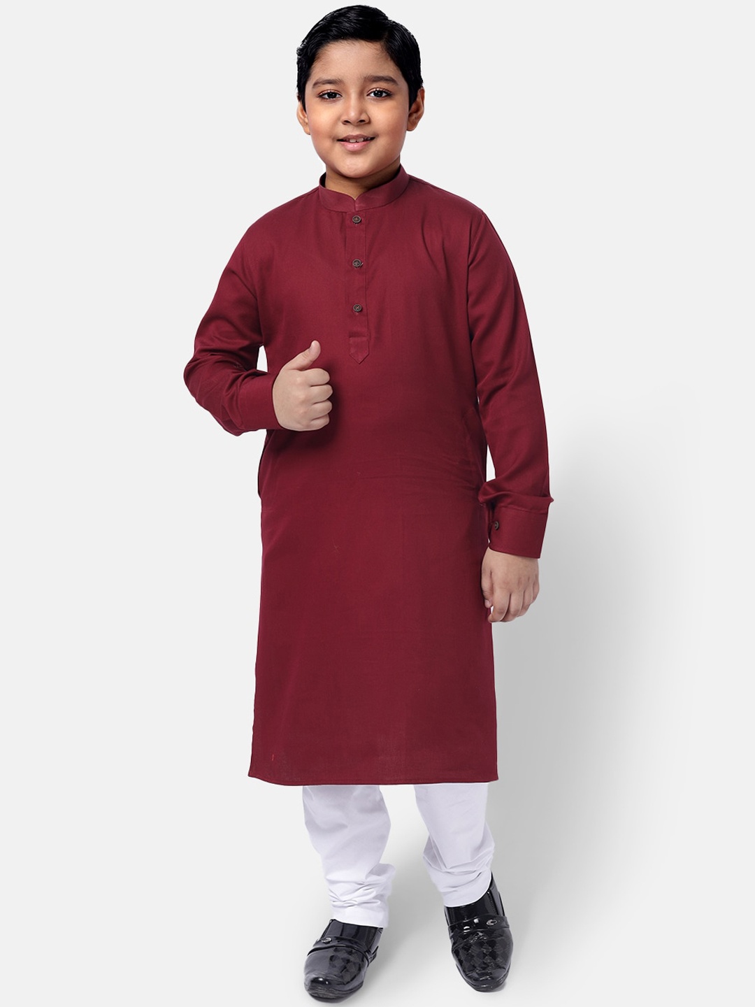 

NAMASKAR Boys Cotton Solid Kurta with Churidar, Maroon
