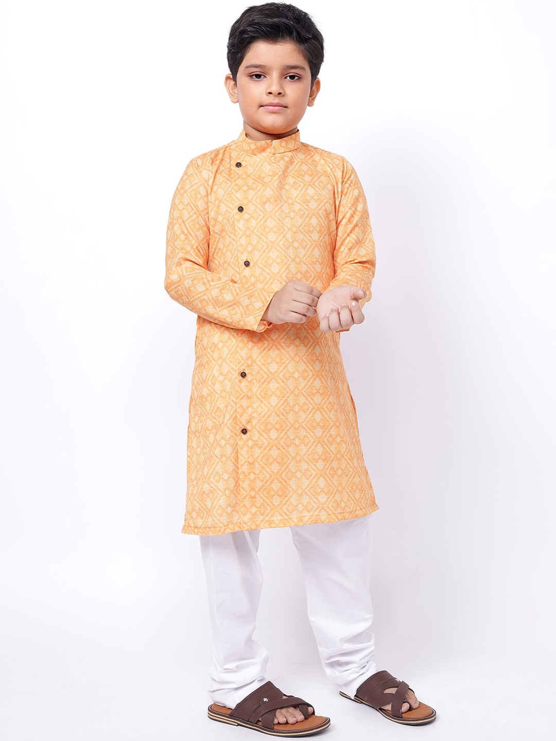 

NAMASKAR Boys Orange Printed Angrakha Pure Cotton Kurta with Pyjamas