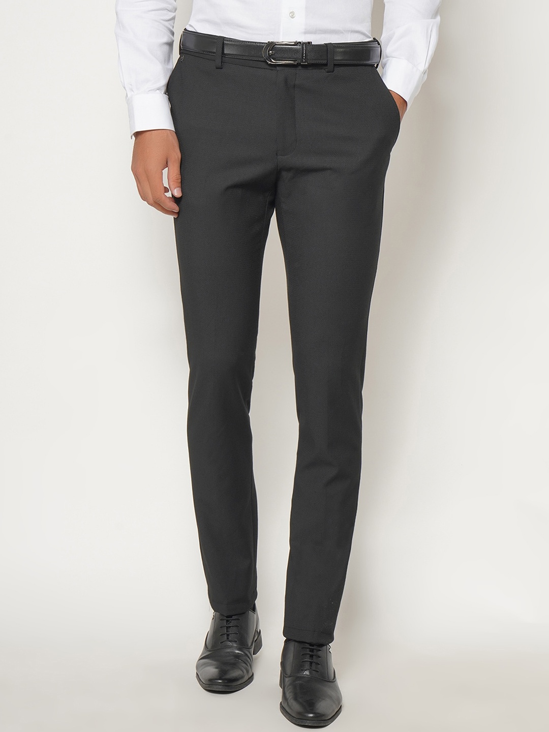 

Blackberrys Men Grey Textured Arise Regular Fit Formal Trousers
