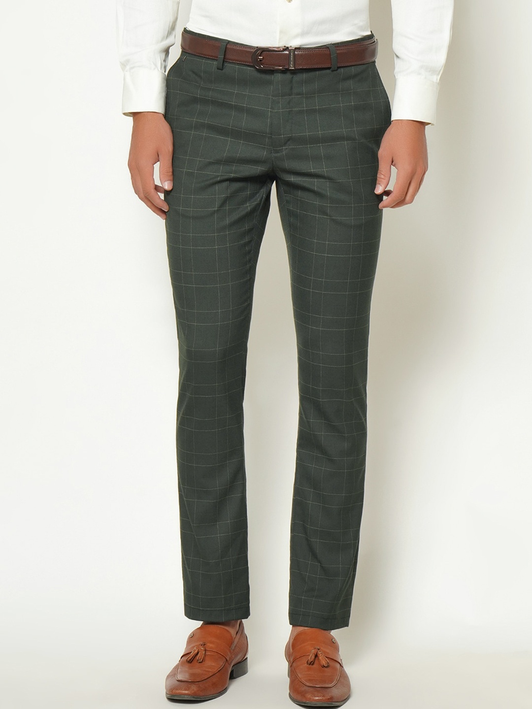 

Blackberrys Men Olive Green Checked B-91 Skinny Fit Formal Trousers