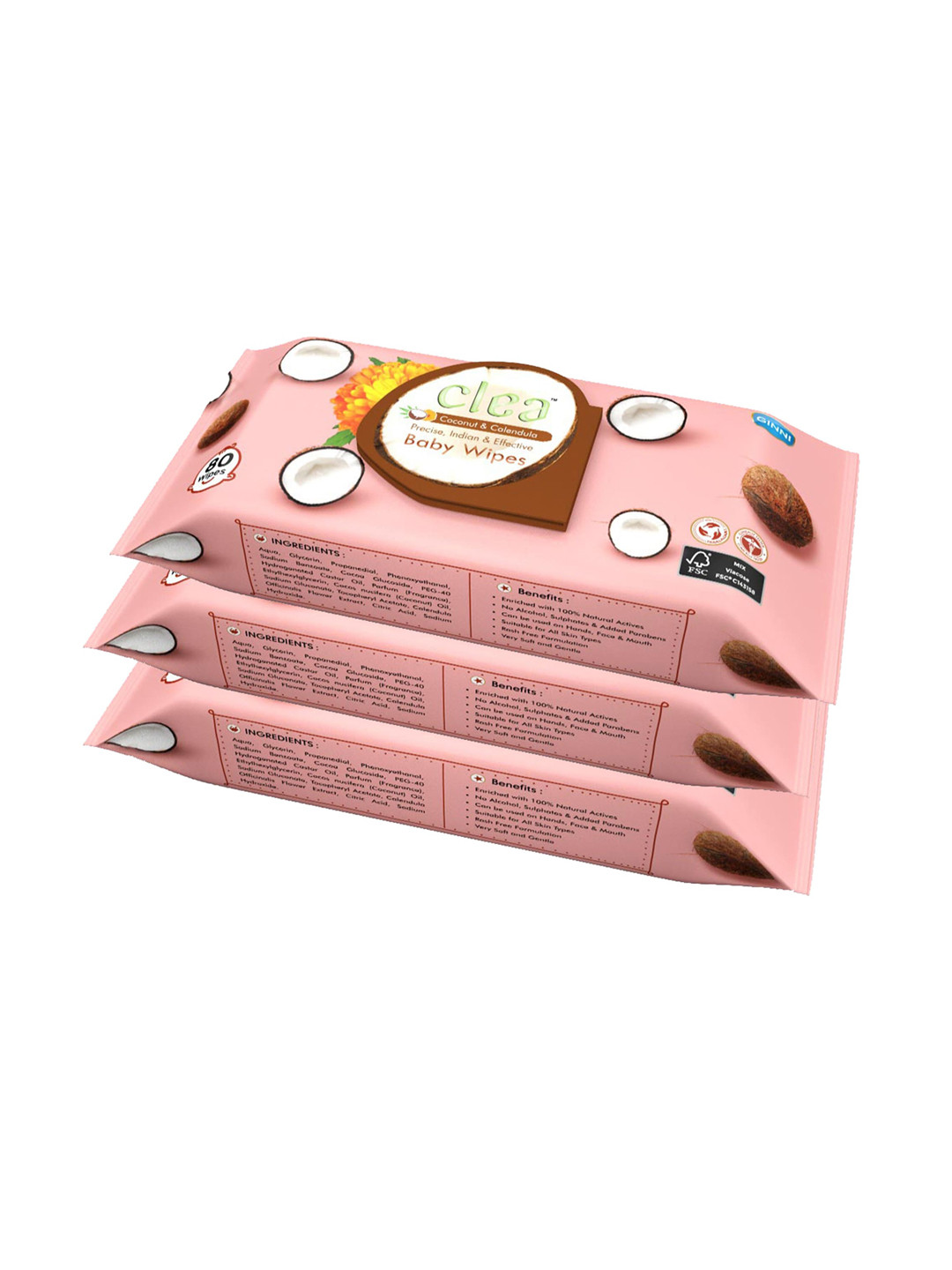 

Clea Set Of 3 Coconut & Calendula 100% Natural Actives 80 Pulls Baby Wipes, White
