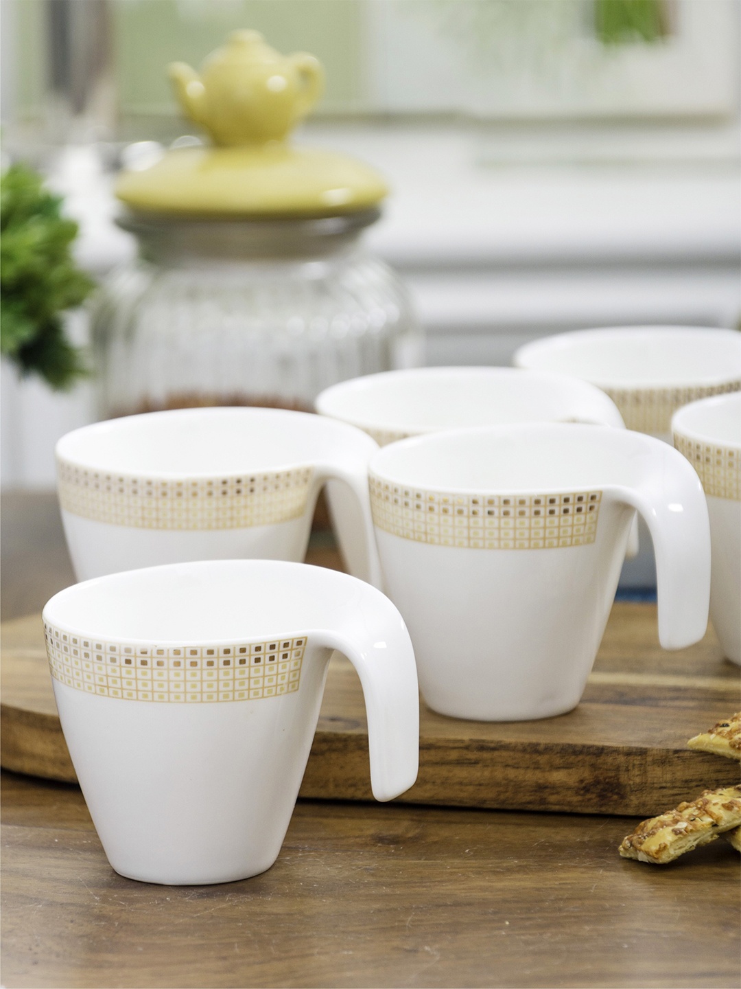 

White Gold Set Of 6 White & Gold-Toned Printed Porcelain Glossy Cups