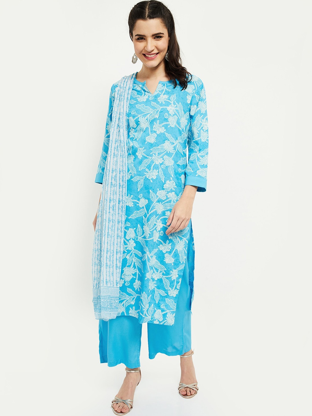 

max Women Blue Floral Printed Regular Kurta with Palazzos & Dupatta