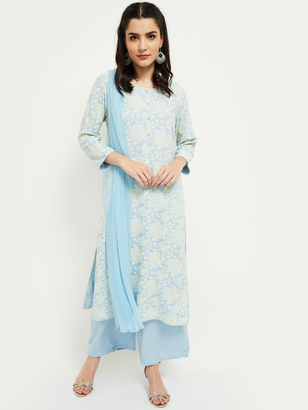 

max Women Blue Floral Printed Regular Kurta with Trousers & With Dupatta