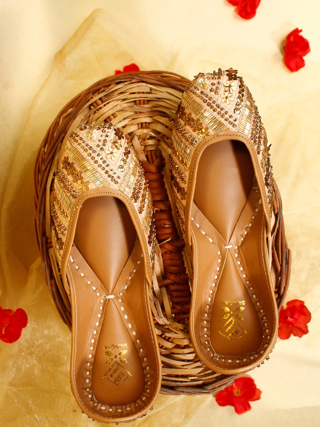 

Sringam Women Peach-Coloured Embellished Leather Ethnic Mojaris Flats