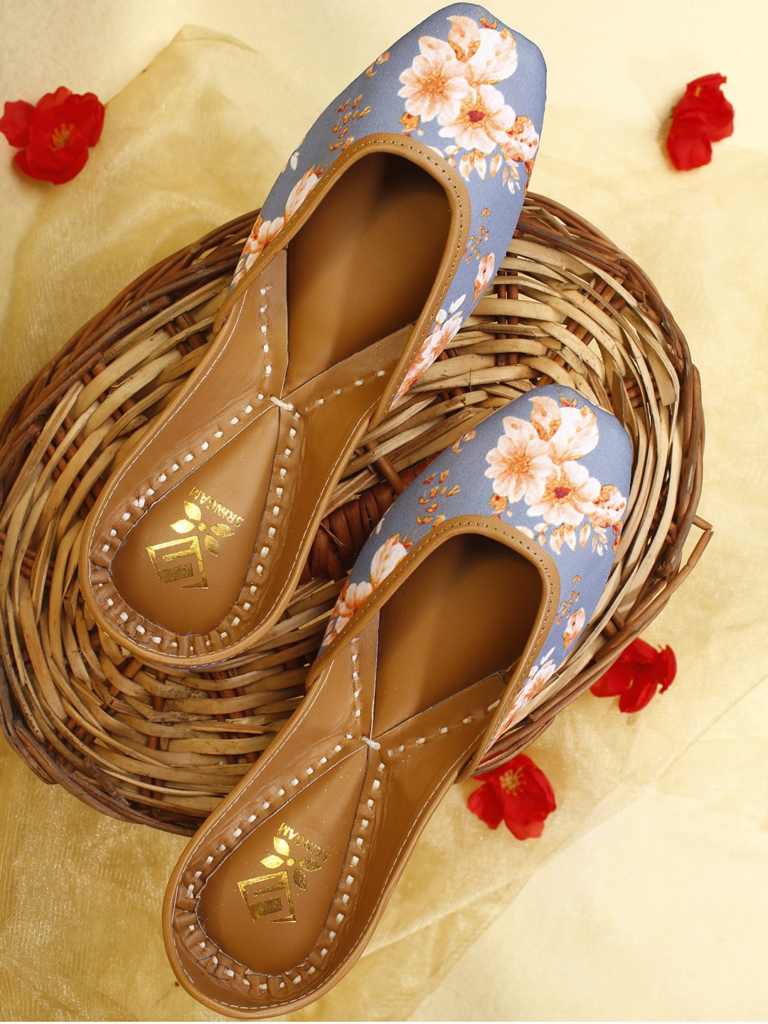

Sringam Women Blue & Orange Printed Leather Ethnic Mojari Flats
