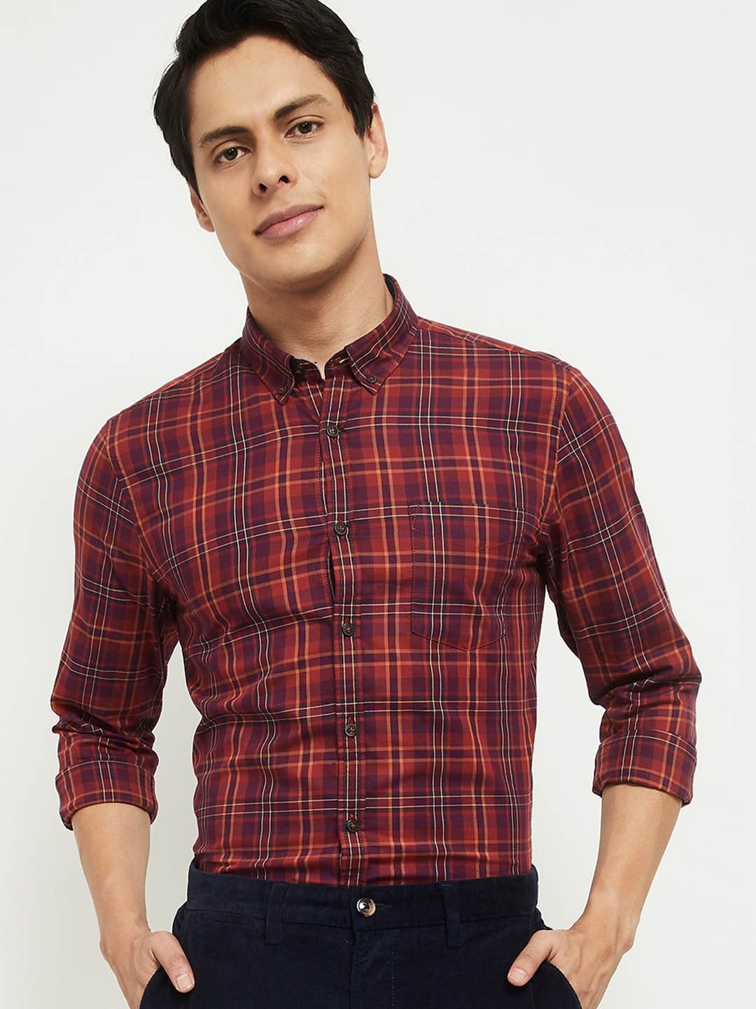 

max Men Rust Tartan Checks Opaque Checked Pure Cotton Casual Shirt