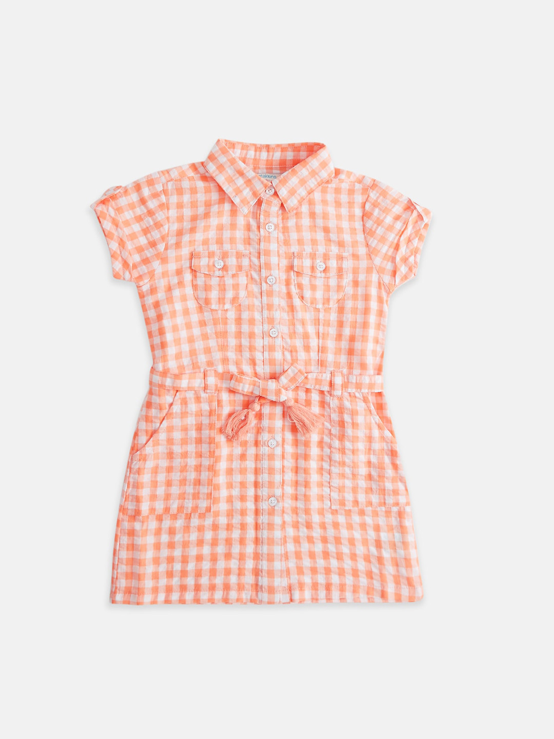 

Pantaloons Junior Girls Peach-Coloured & White Checked Georgette Shirt Dress