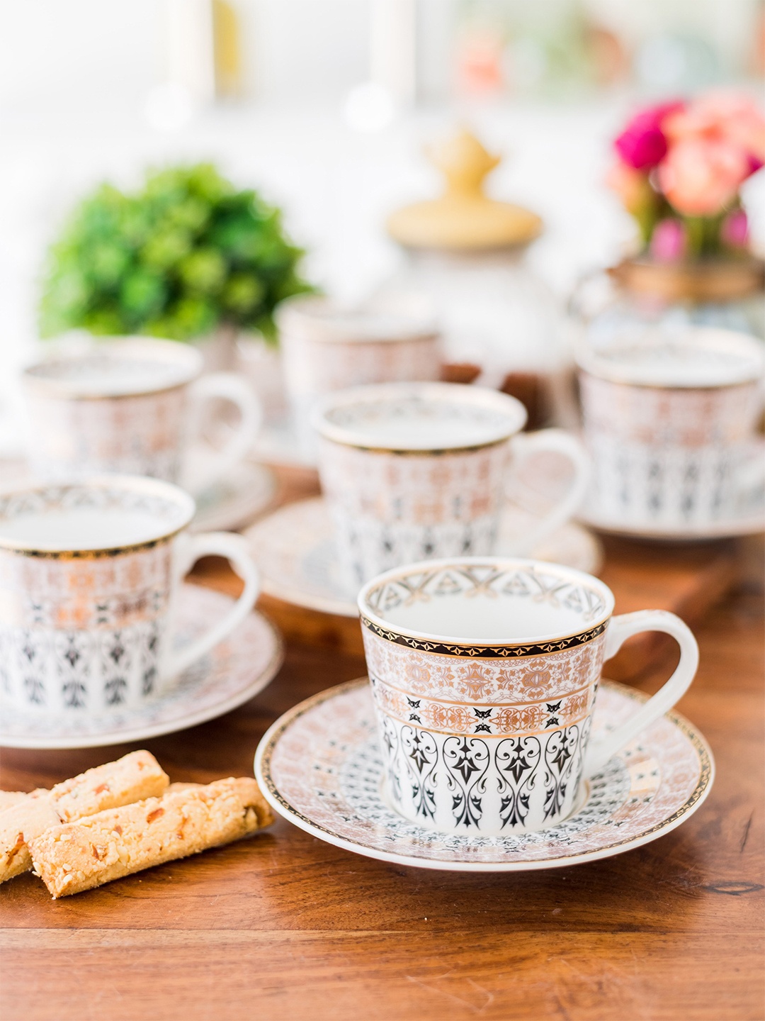 

GOODHOMES Set Of 12 White & Black Printed Bone China Glossy Cups & Saucers