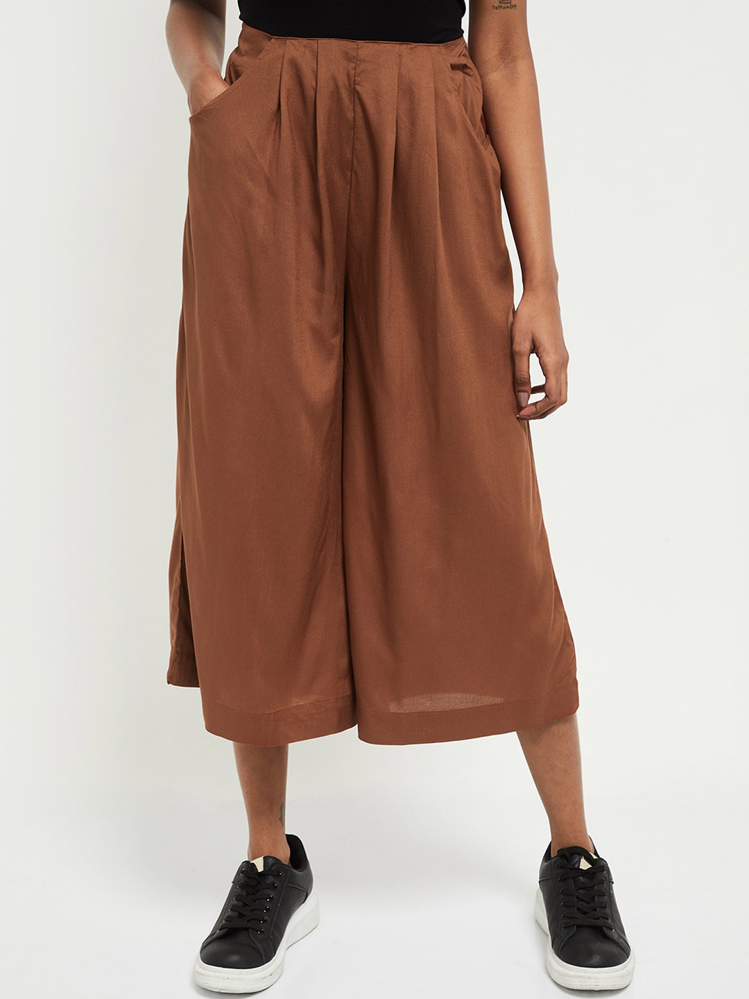 

max Women Brown Loose Fit Pleated Culottes Trousers