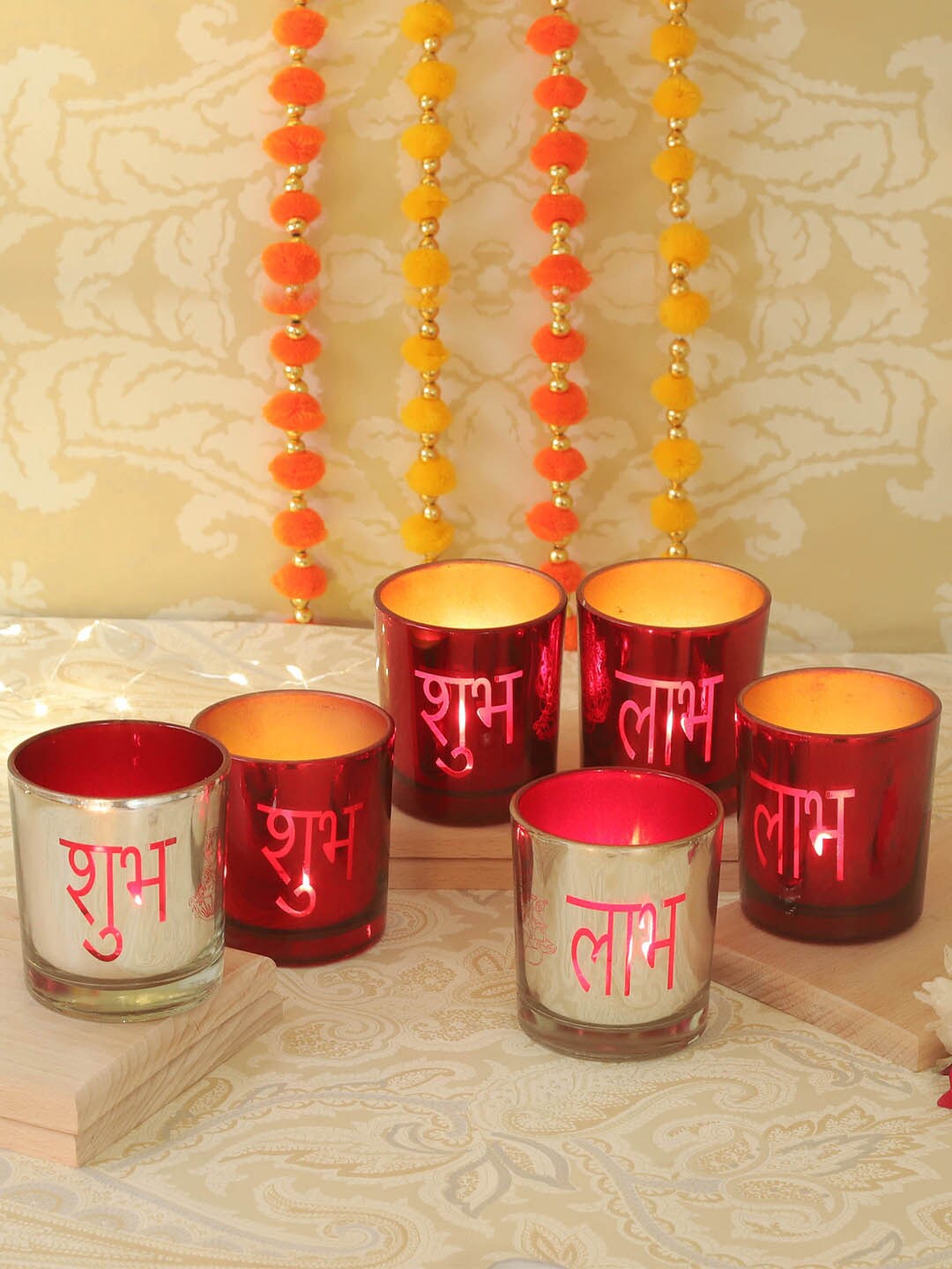 

TIED RIBBONS Set of 6 Decoartive Glass Votive Tealight Candle Holder, Red