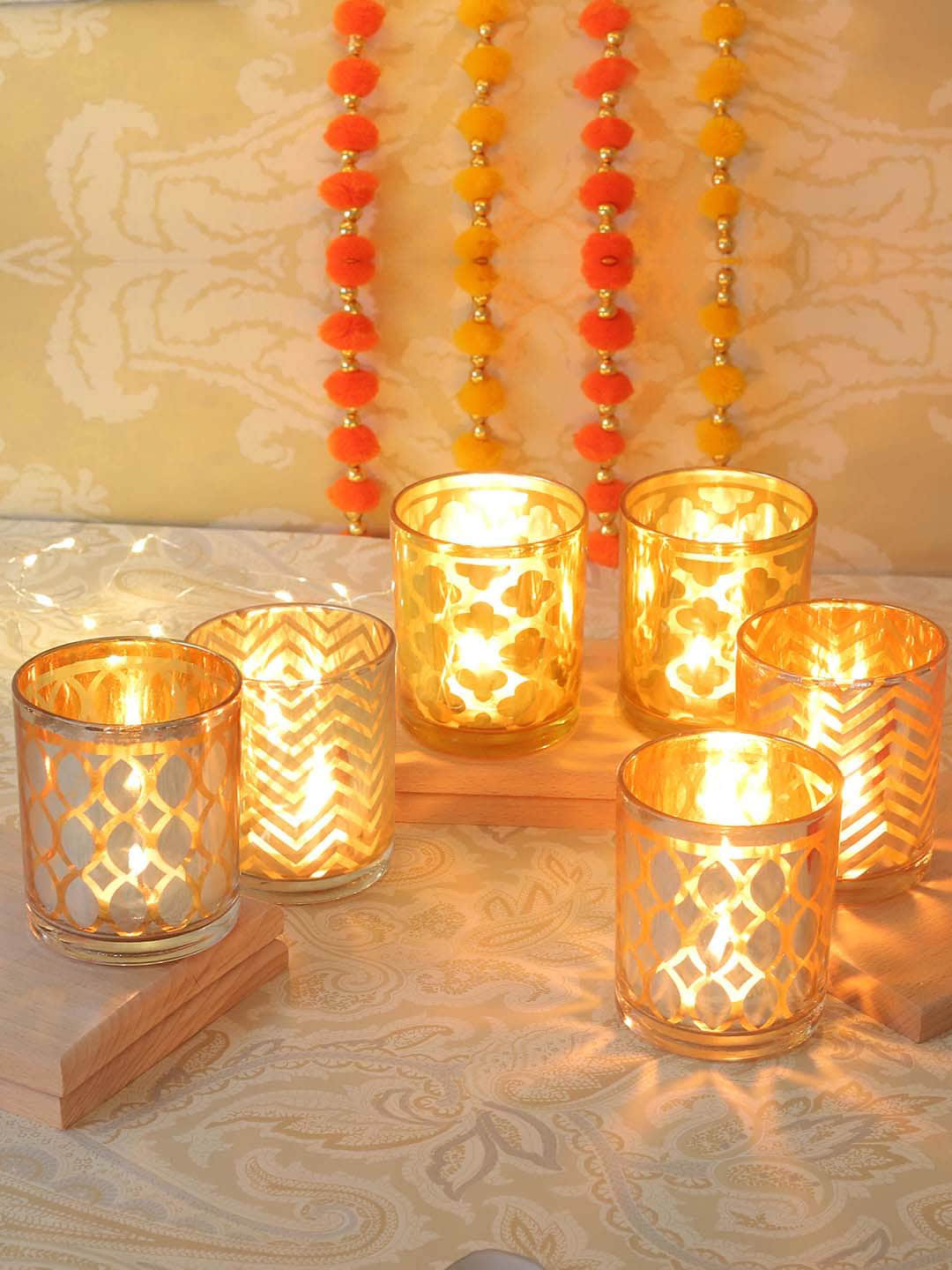

TIED RIBBONS Set of 6 Decoartive Glass Votive Tealight Candle Holder Combo, White