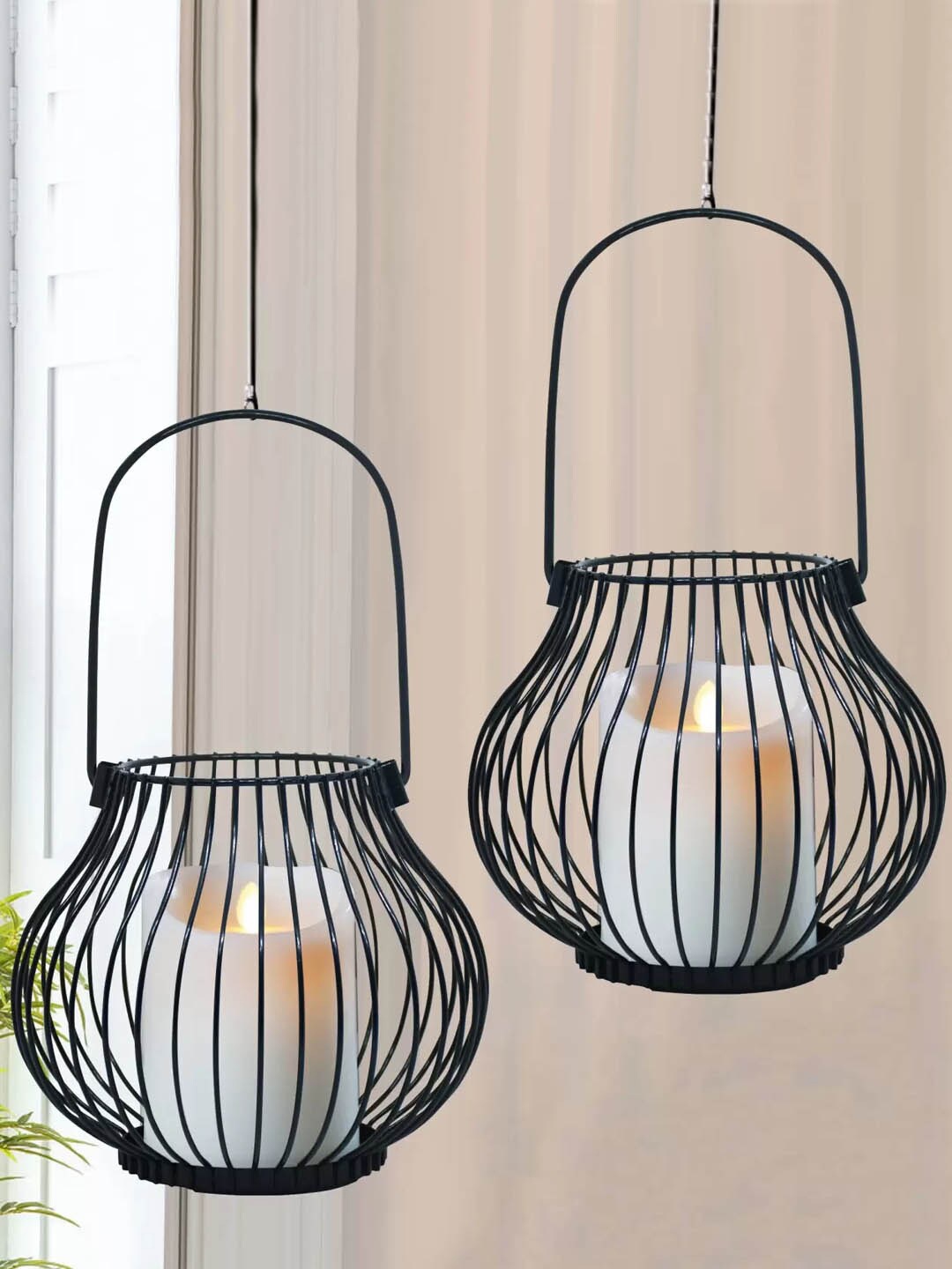 

TIED RIBBONS Set Of 2 Black Hanging Lanterns Tealight Candle Holder with LED Candle