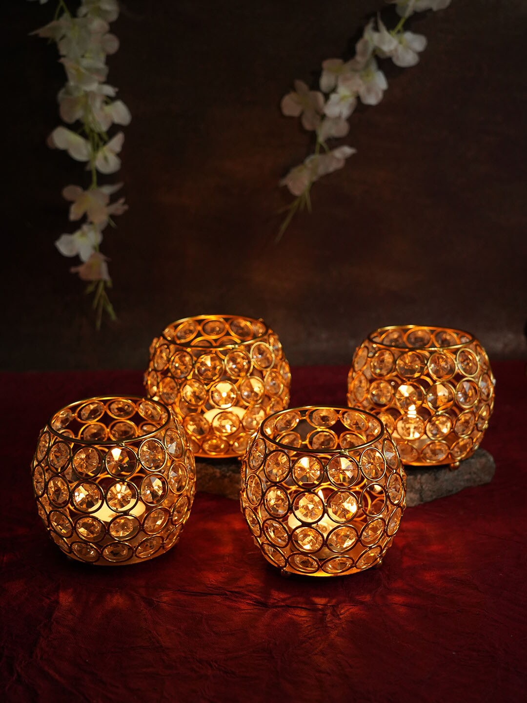 

TIED RIBBONS Set of 4 Decorative Crystal Tea Light Candle Holder, Gold