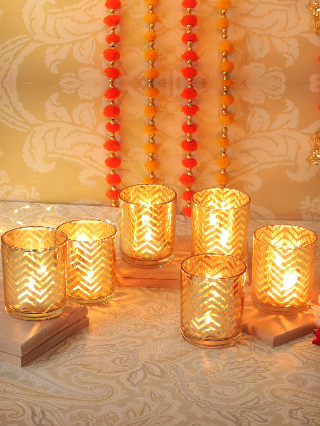 

TIED RIBBONS Set Of 6 Gold-Toned Glass Votive Tealight Candle Holders