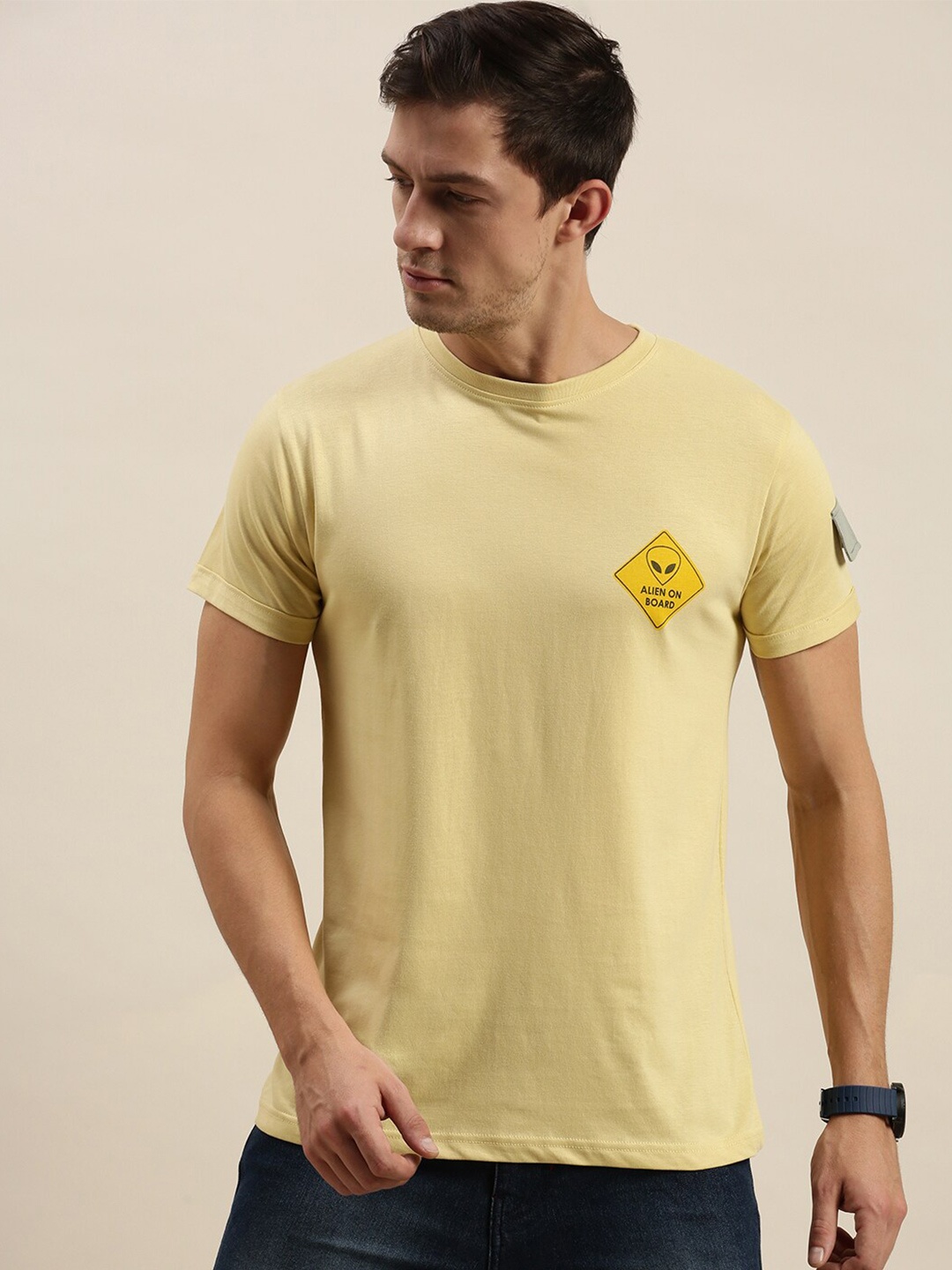 

Difference of Opinion Men Yellow Pure Cotton Printed T-shirt