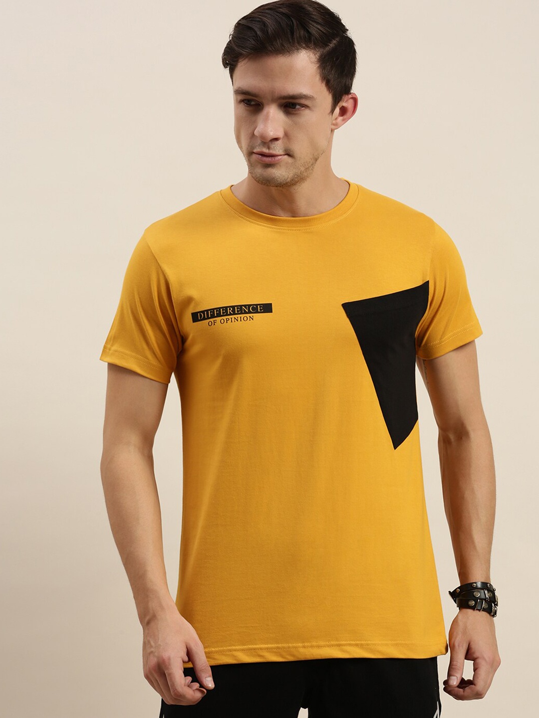 

Difference of Opinion Men Mustard Yellow & Black Colourblocked Pure Cotton T-shirt