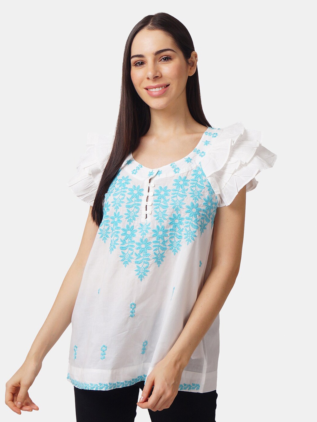 

IX IMPRESSION White & Blue Embroidered Regular Top