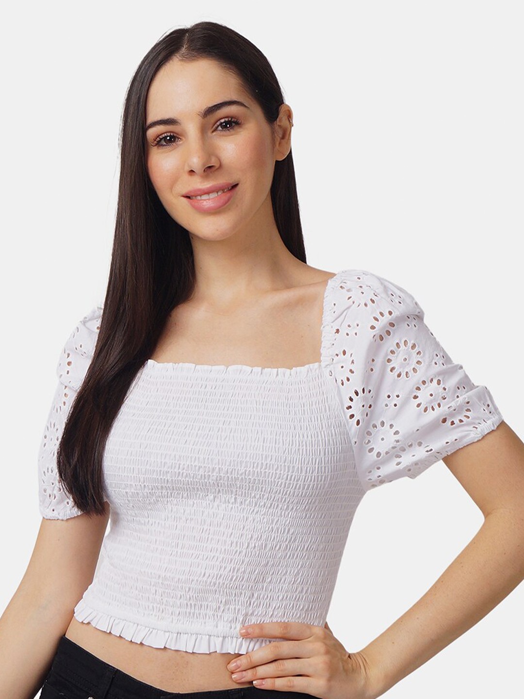 

IX IMPRESSION White Schiffli Fitted Crop Top