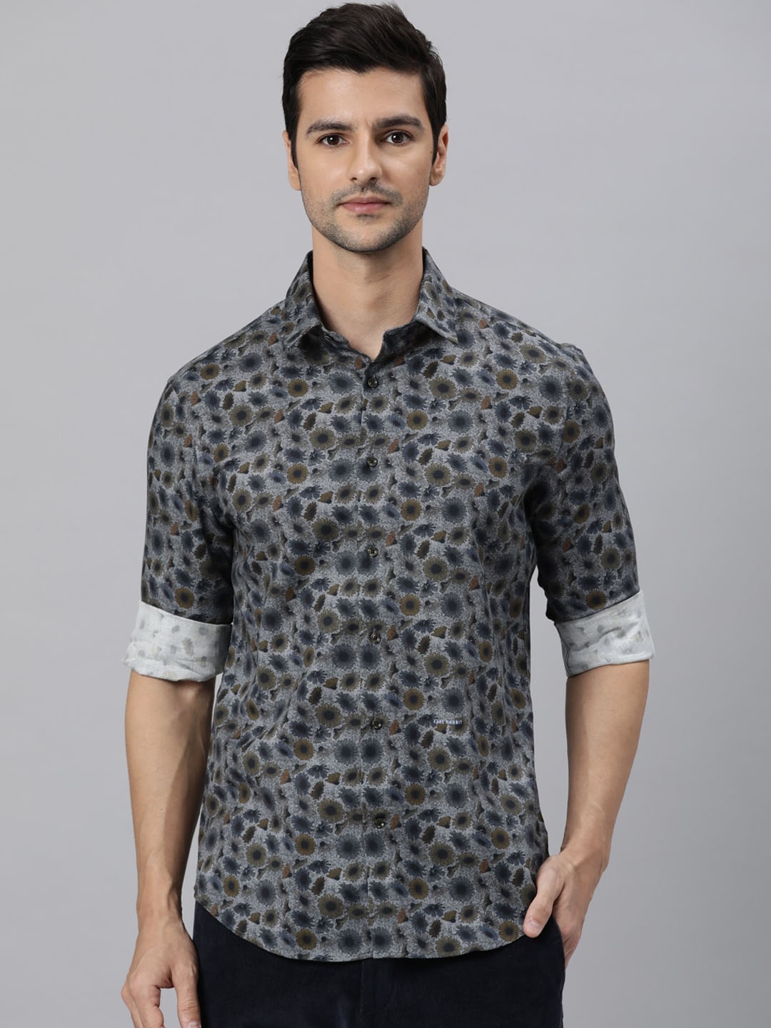 

RARE RABBIT Men Sunflower Slim Fit Floral Opaque Printed Shirt, Grey
