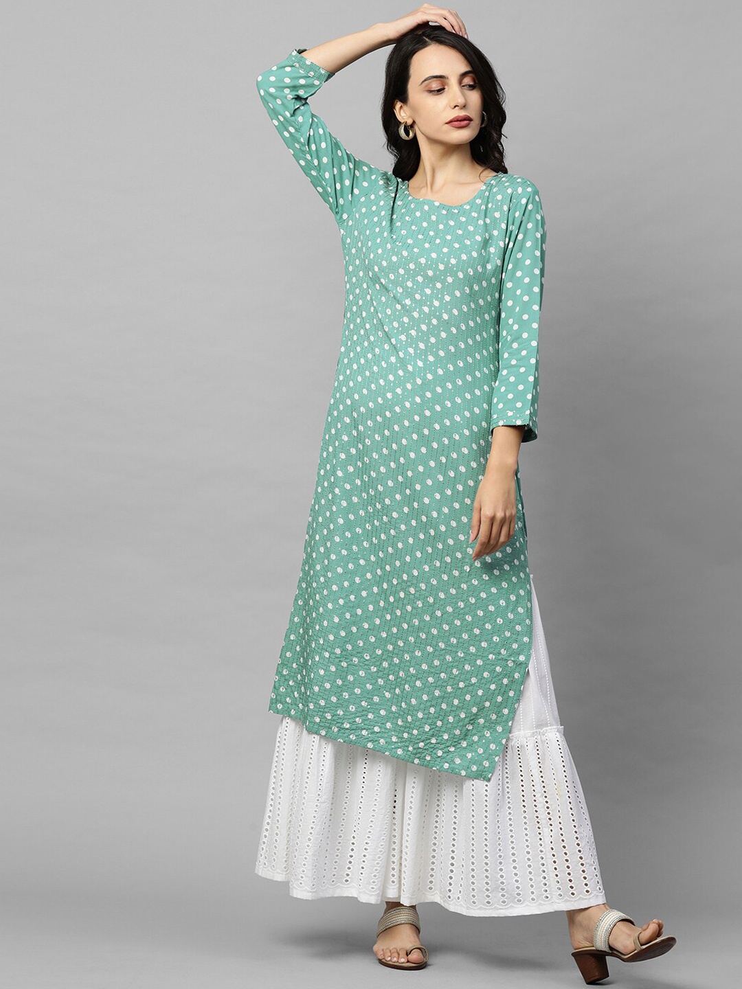 

FASHOR Women Green Printed Thread Work Kurta