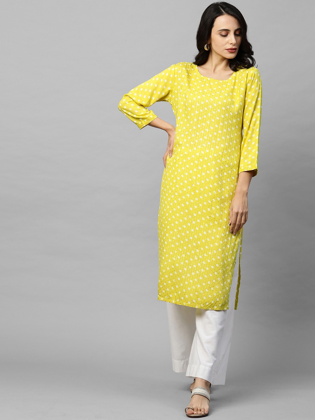 

FASHOR Women Yellow Printed Thread Work Kurta