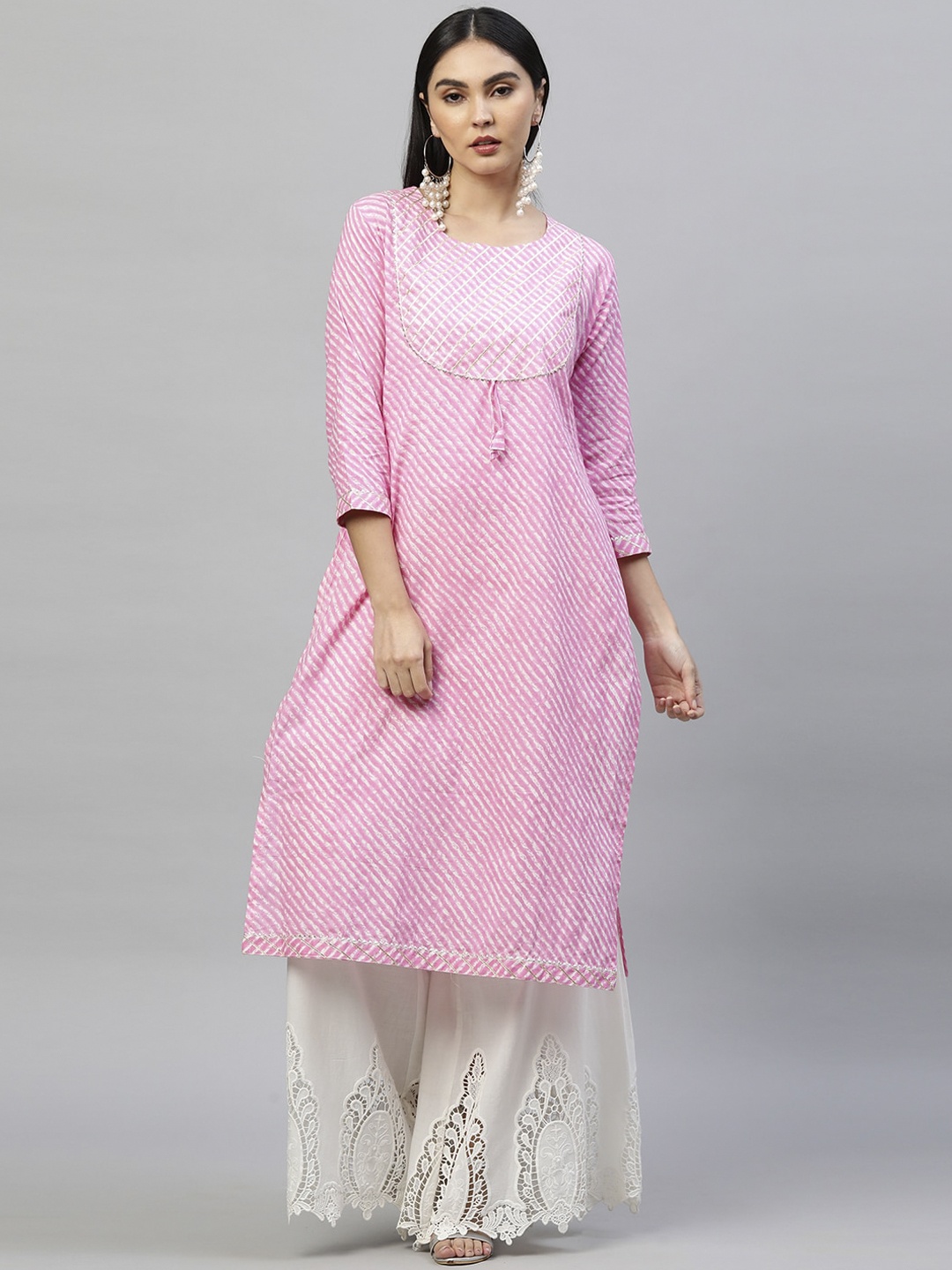 

FASHOR Women Pink Leheriya Printed Gotta Patti Kurta