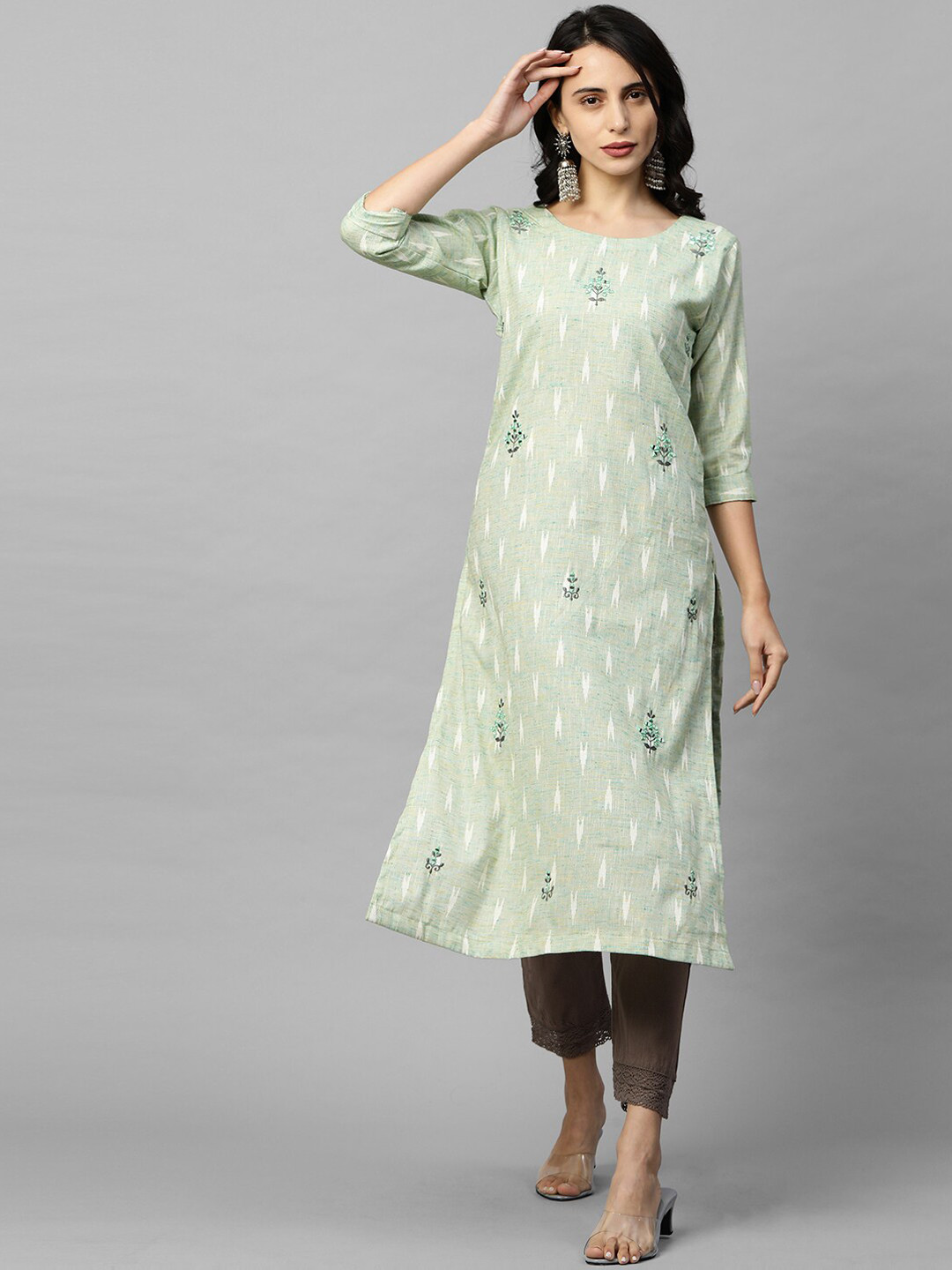 

FASHOR Women Green Printed Thread Work Kurta