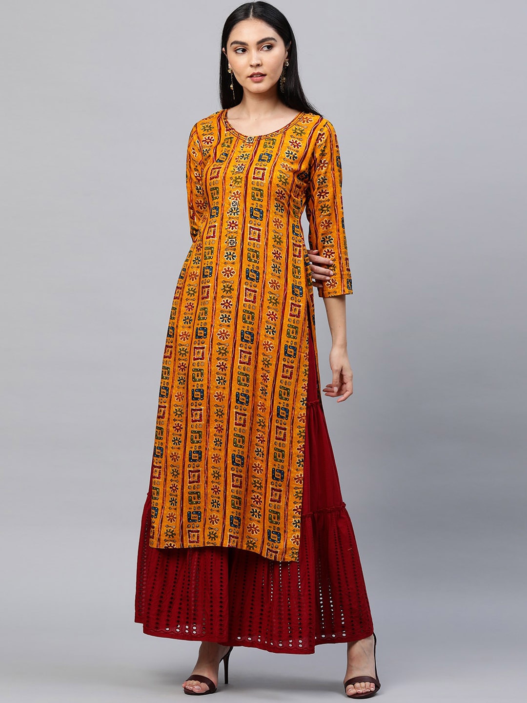 

FASHOR Women Mustard Yellow Geometric Printed Kurta