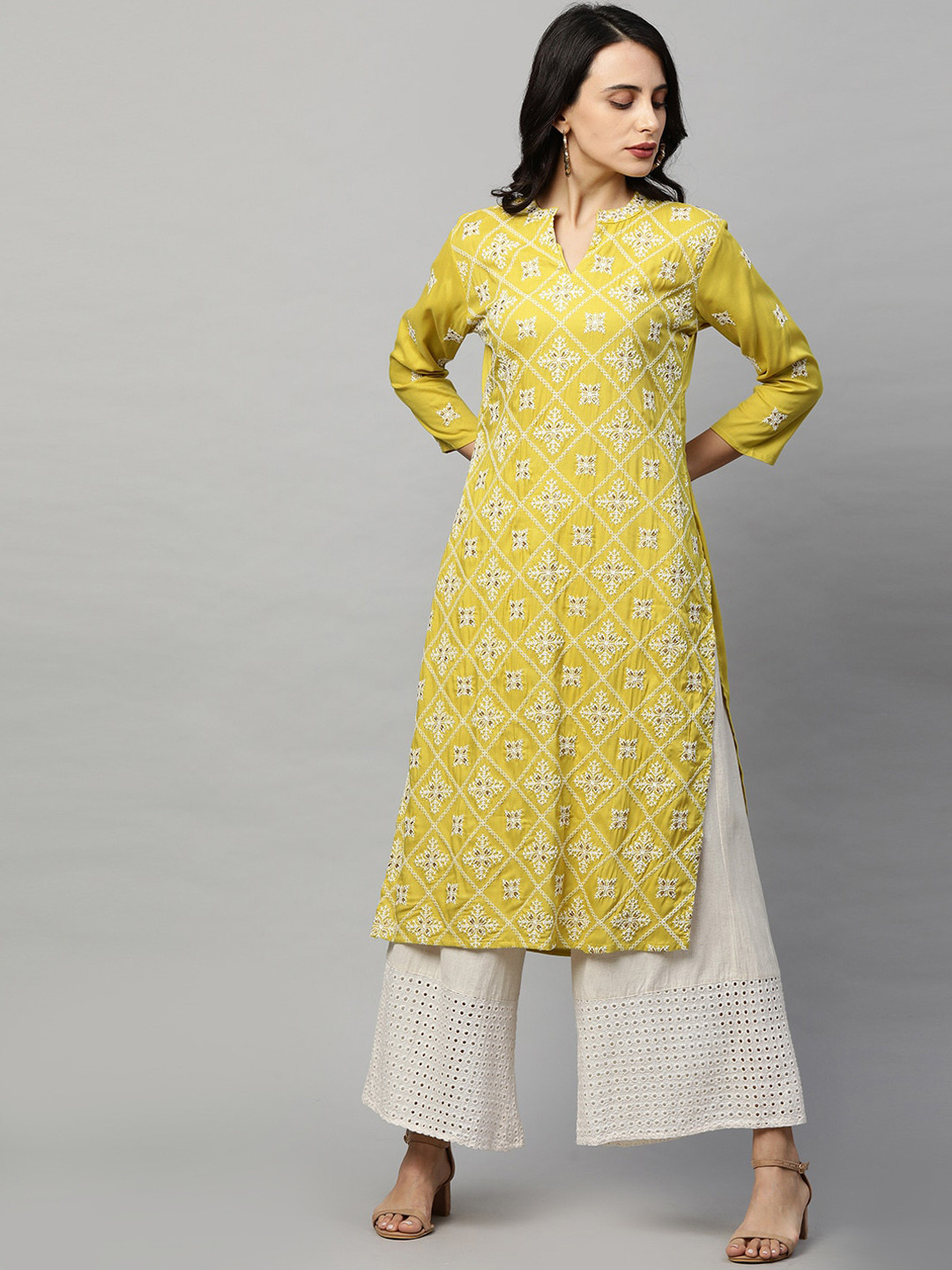 

FASHOR Women Lime Green Geometric Embroidered Thread Work Kurta