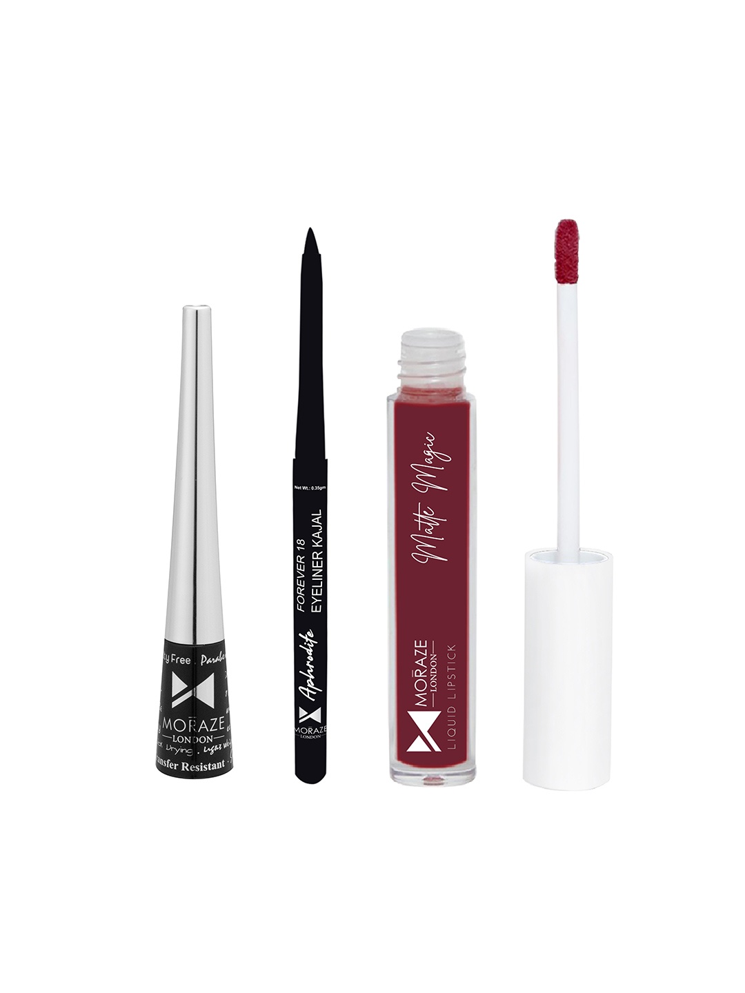 

Moraze Set Of 3 Liquid Lipstick Kajal & Eyeliner, Multi