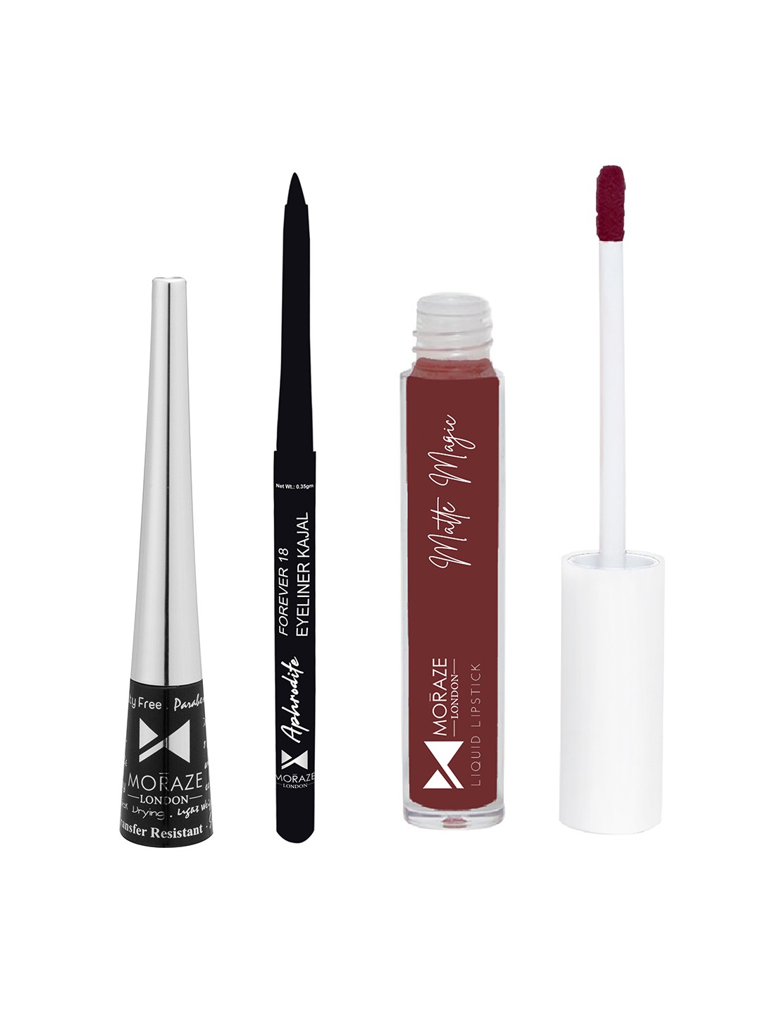 

Moraze Set Of 3 Liquid Lipstick Kajal & Eyeliner, Multi