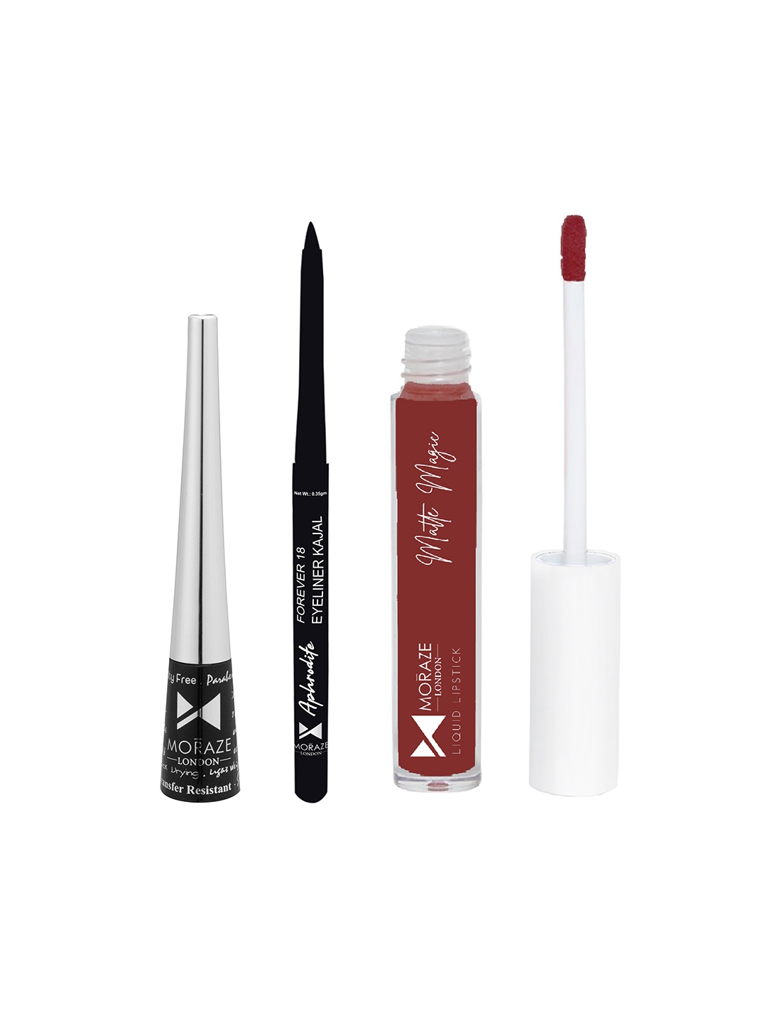 

Moraze Set Of 3 Liquid Lipstick Kajal & Eyeliner, Multi