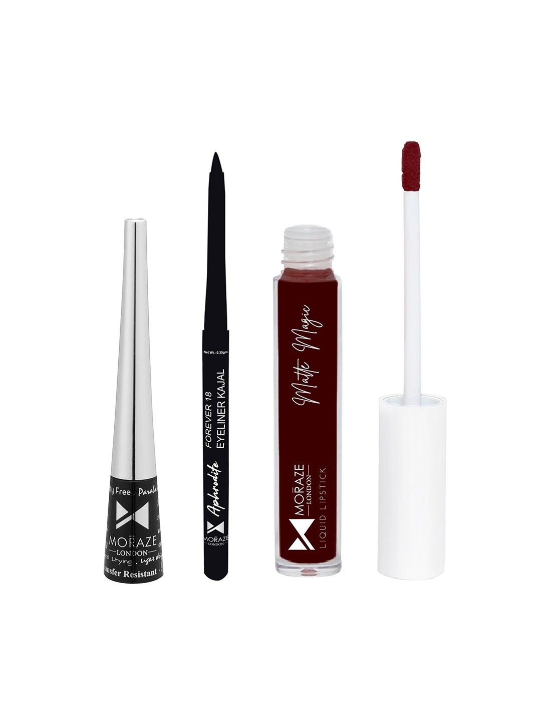 

Moraze Set Of 3 Liquid Lipstick Kajal & Eyeliner, Multi