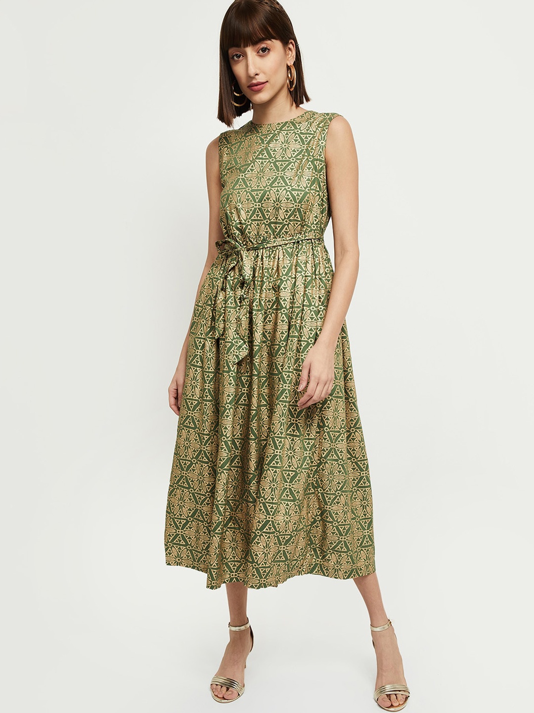 

max Olive Green & Gold-Toned A-Line Midi Dress