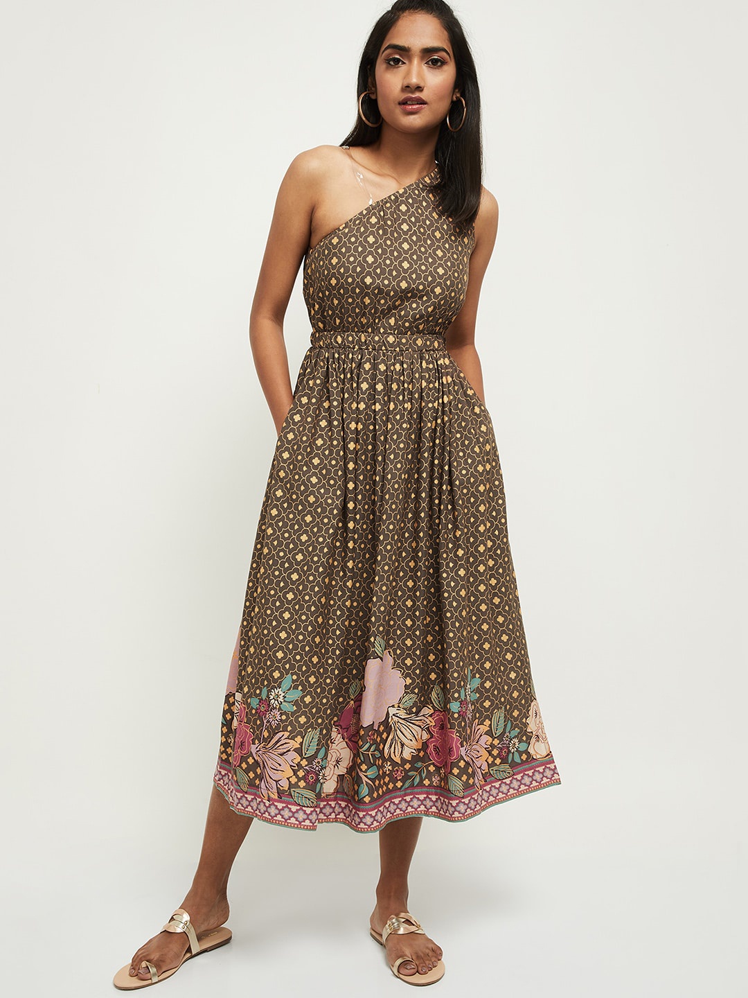

max Brown One Shoulder Midi Dress