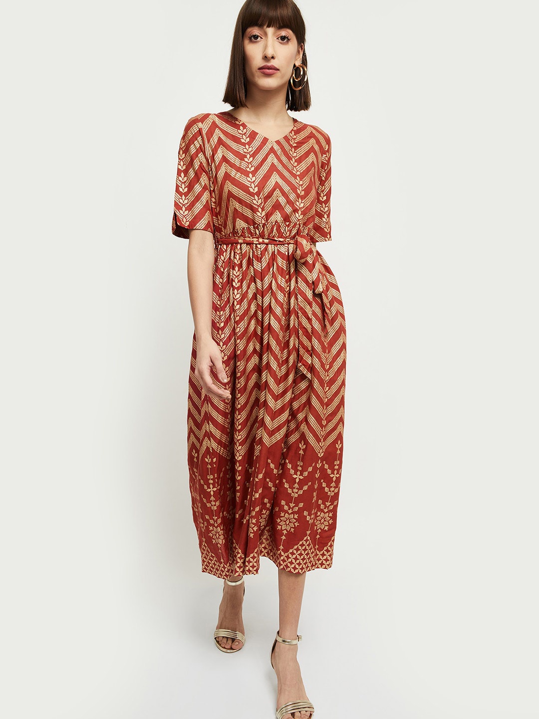 

max Rust & Beige A-Line Midi Dress