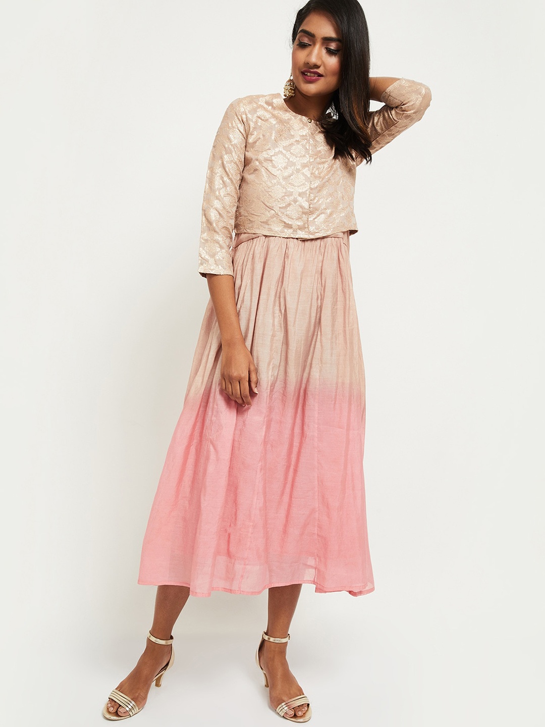 

max Peach-Coloured & Pink Colourblocked Midi Dress