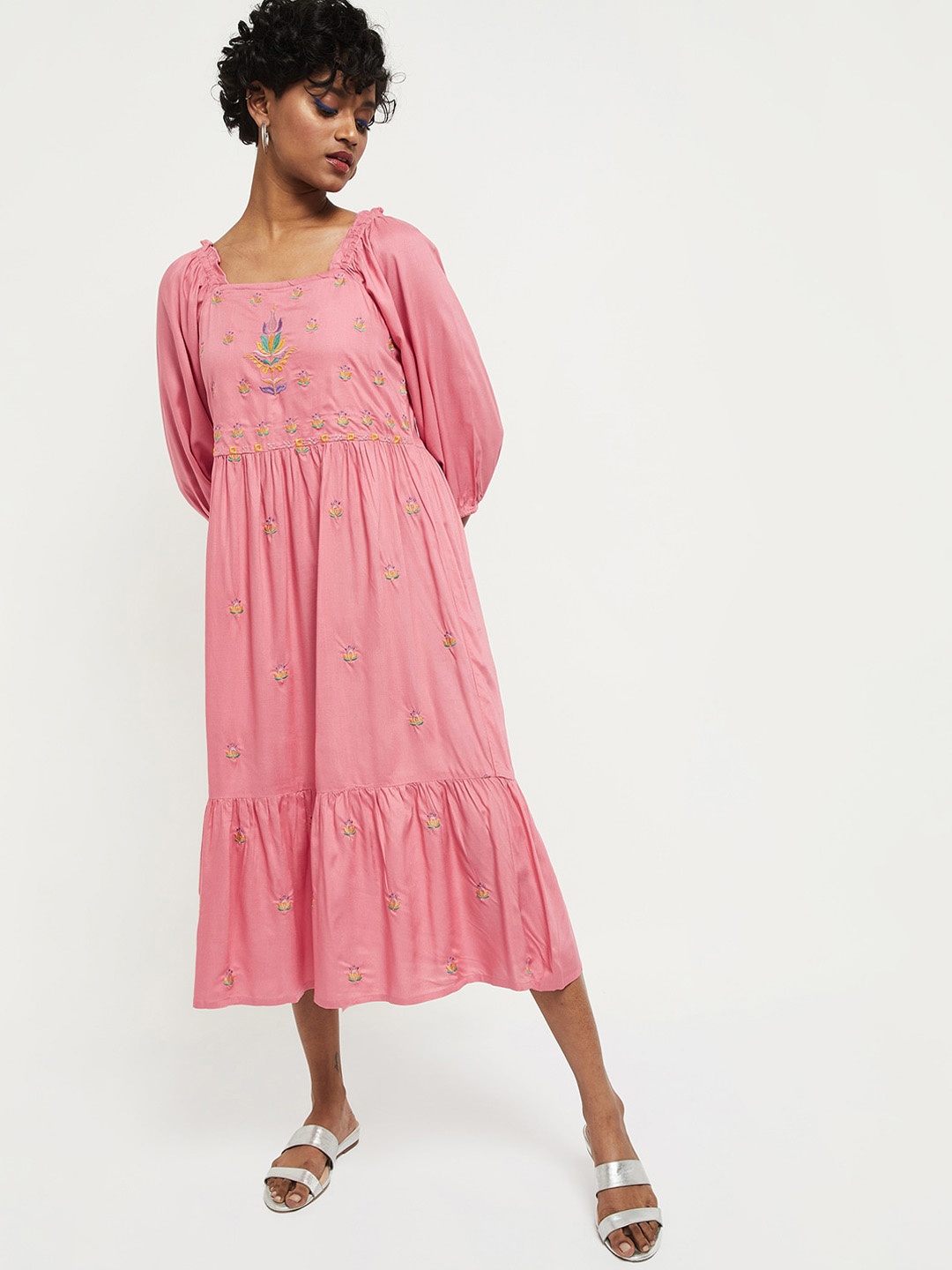 

max Pink & Yellow Floral Embroidered A-Line Midi Dress