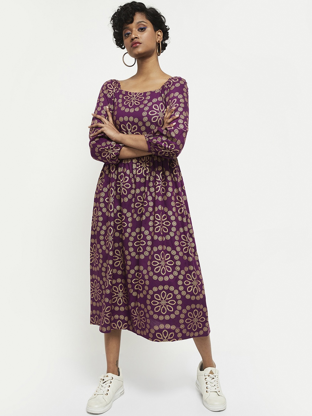 

max Purple & Gold-Toned Floral Midi Dress