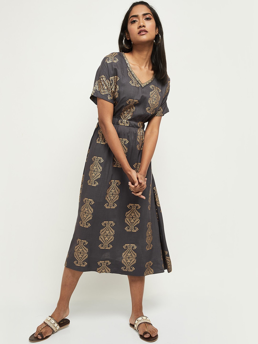 

max Grey & Gold-Toned Ethnic Motifs A-Line Midi Dress