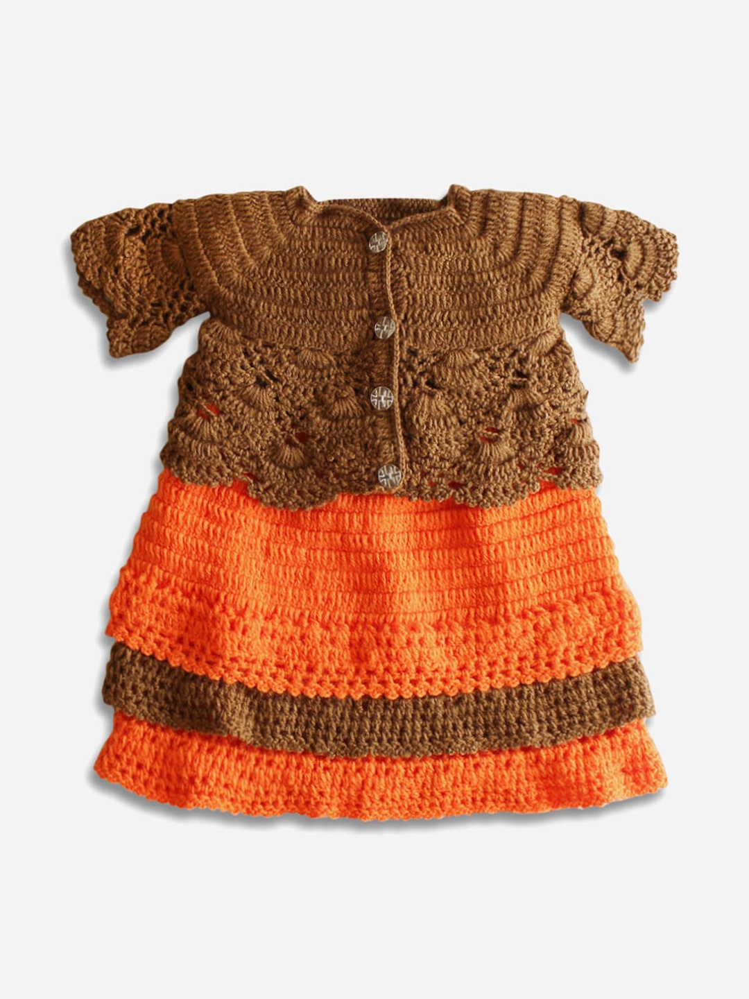 

Woonie Girls Orange & Brown Colourblocked A-Line Dress With Jacket