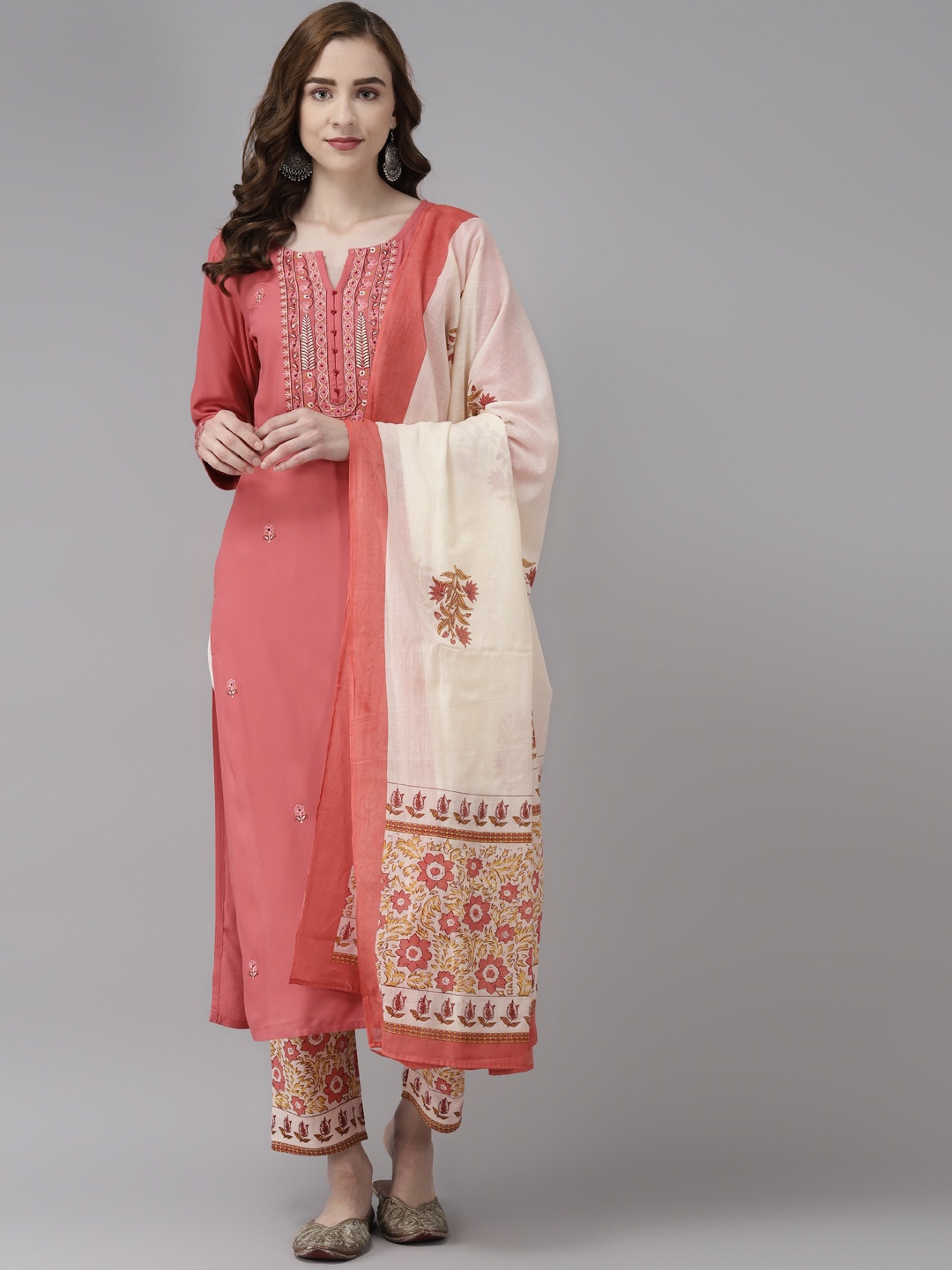 

Yufta Women Pink Ethnic Motifs Embroidered Kurta with Palazzos & Dupatta