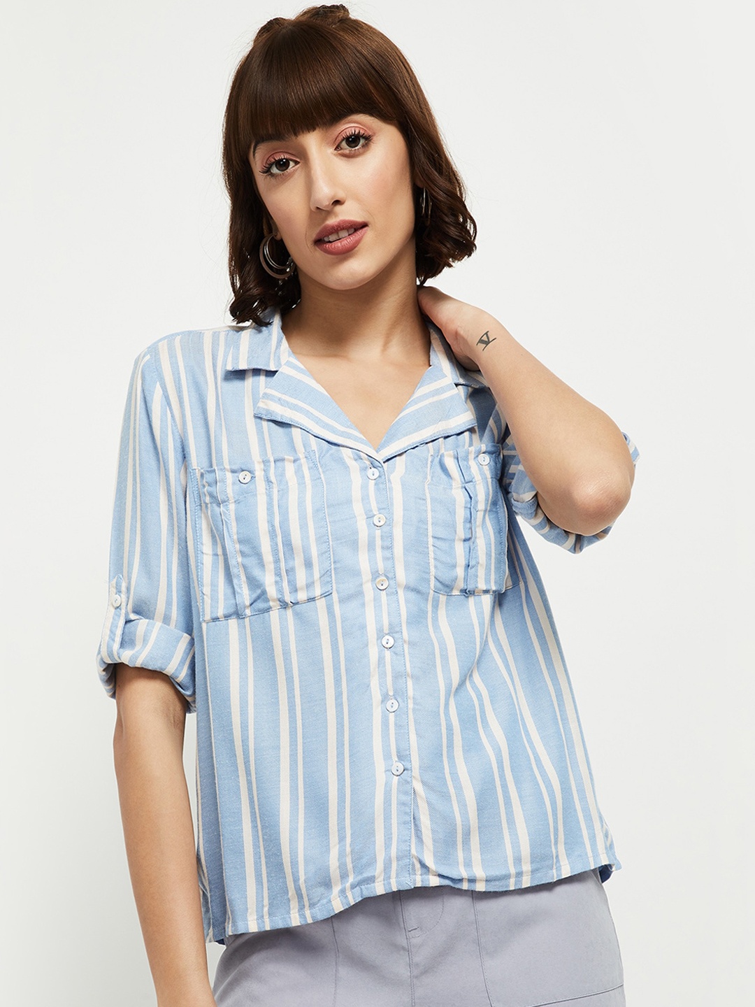 

max Women Blue Opaque Striped Casual Shirt