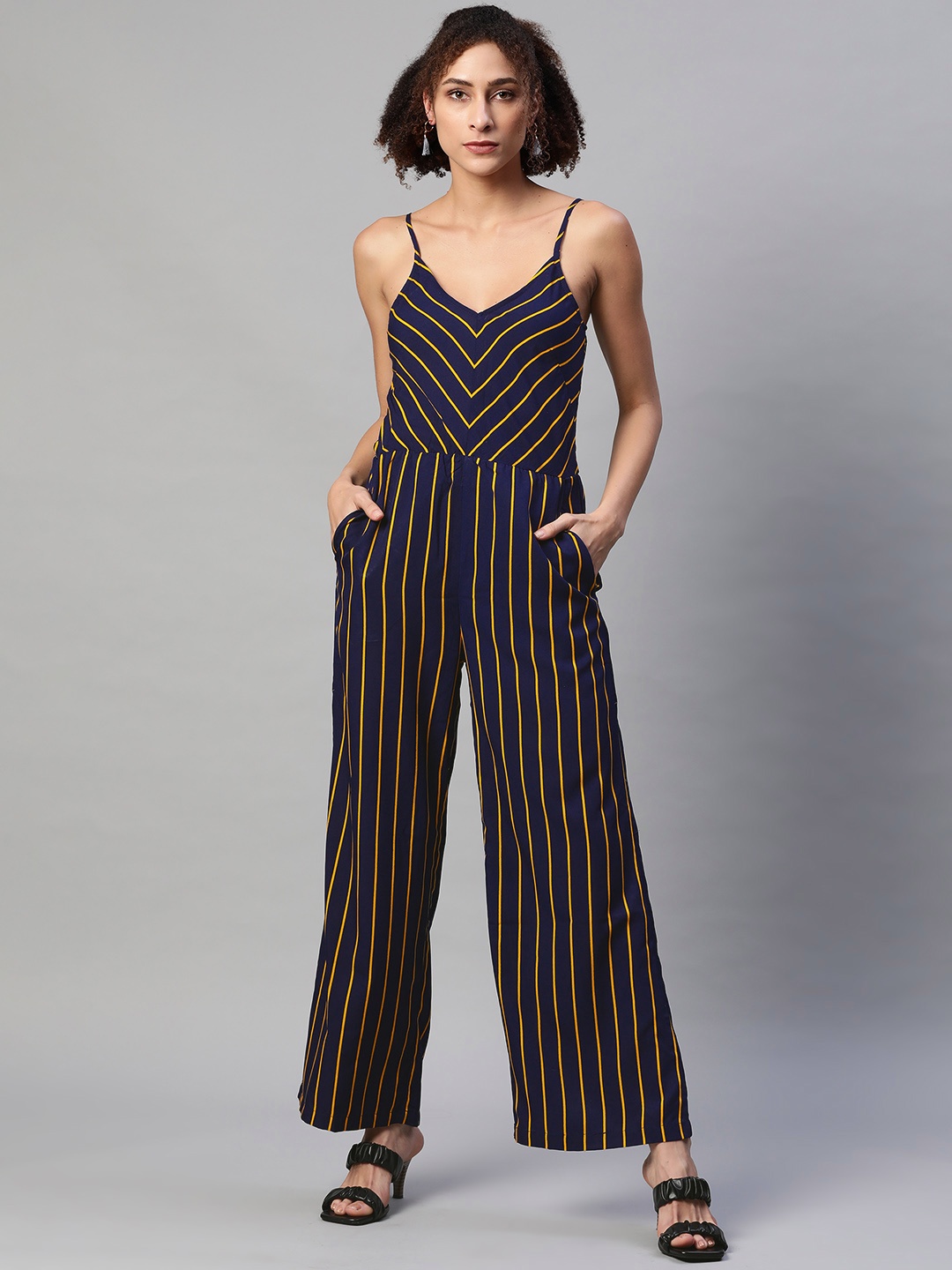 

VARUSHKA Navy Blue & Yellow Striped Basic Jumpsuit