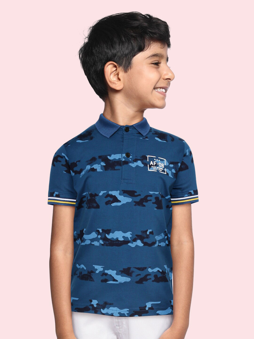 

RUFF Boys Blue & Black Camouflage Printed Polo Collar Slim Fit T-shirt