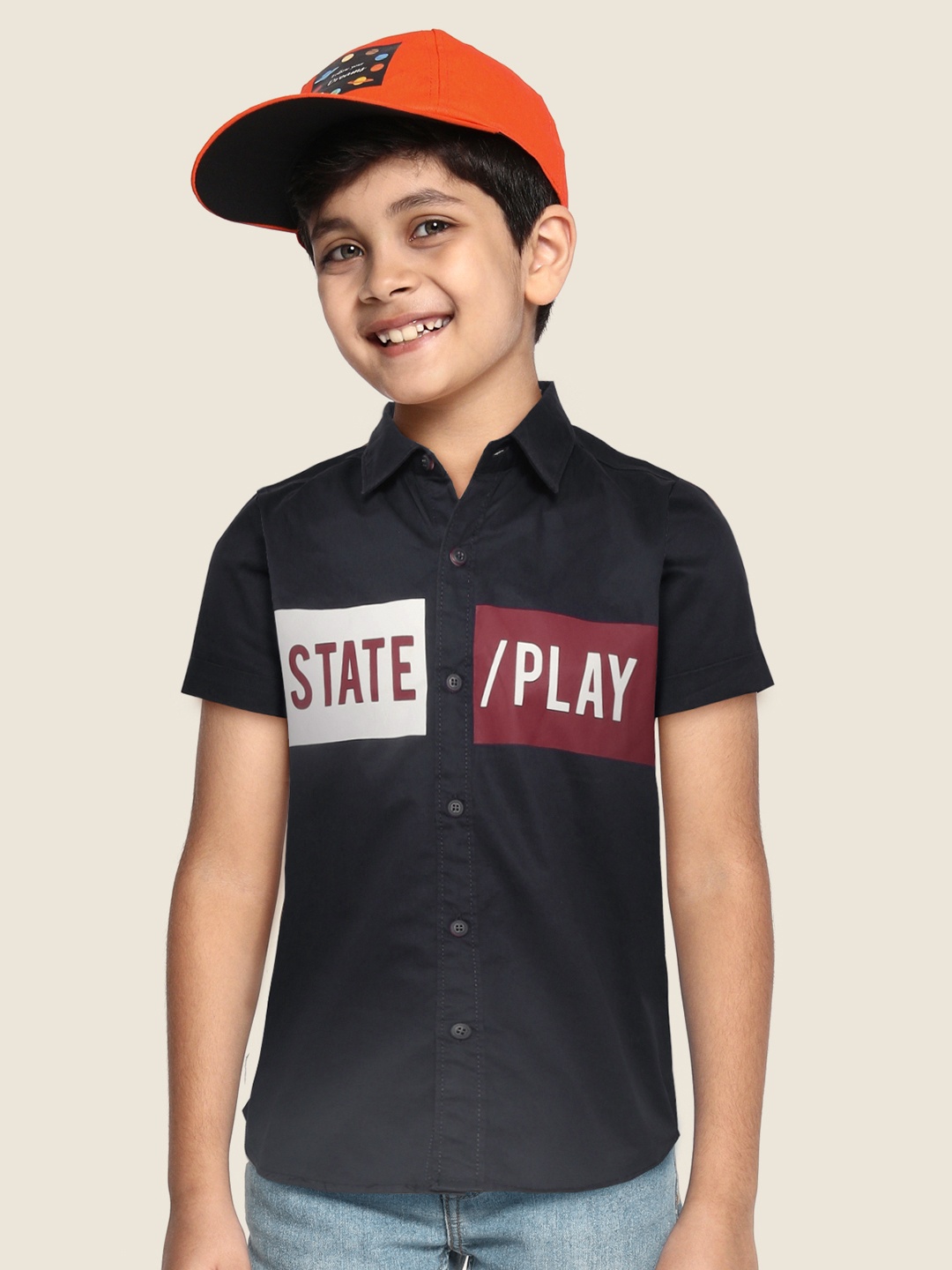 

RUFF Boys Navy Blue Slim Fit Cotton Opaque Printed Casual Shirt