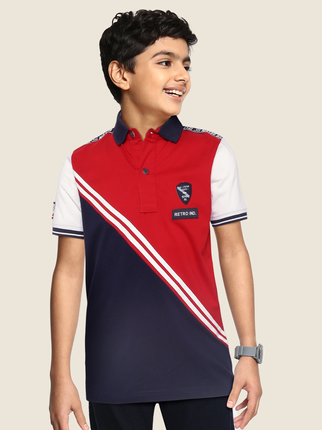 

RUFF Boys Red & Navy Blue Colourblocked Cotton Polo Collar Slim Fit T-shirt
